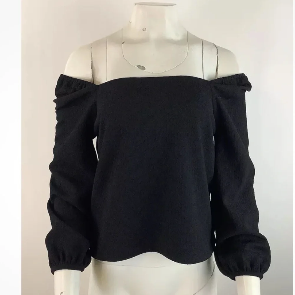Madewell Sz S Crepe Square Neck Puff Sleeve Top Black Polyester Off Shoulder